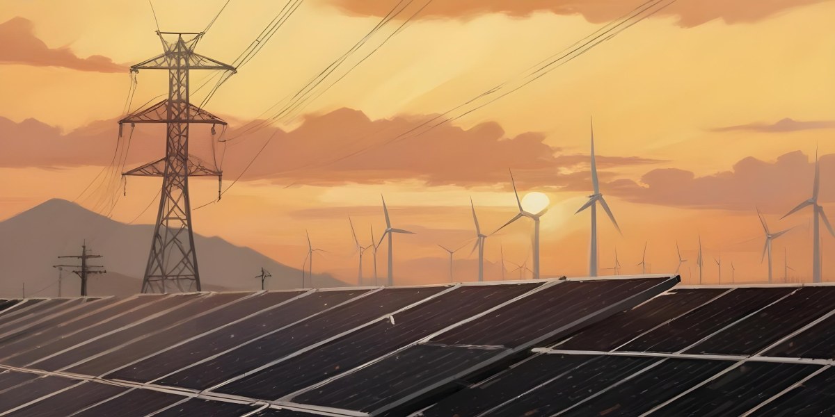 Digital Painting Solar Panels In The Foreground Wind Turbines In The Background And Power Lines Overhead All Set Against A Sunset Sky With Orange And Yellow Hues Bold And Slim Lines Brush Strokes 6 71d4