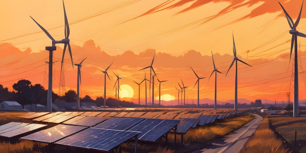 Digital Painting Solar Panels In The Foreground Wind Turbines In The Background And Power Lines Overhead All Set Against A Sunset Sky With Orange And Yellow Hues Bold And Slim Lines Brush Strokes 7 1eb2