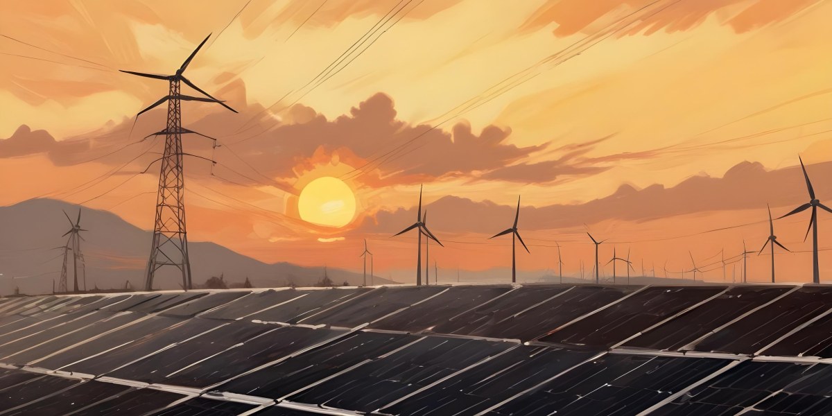 Digital Painting Solar Panels In The Foreground Wind Turbines In The Background And Power Lines Overhead All Set Against A Sunset Sky With Orange And Yellow Hues Bold And Slim Lines Brush Strokes 8 9513
