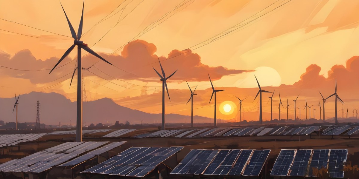 Digital Painting Solar Panels In The Foreground Wind Turbines In The Background And Power Lines Overhead All Set Against A Sunset Sky With Orange And Yellow Hues Bold And Slim Lines Brush Strokes 9 6437