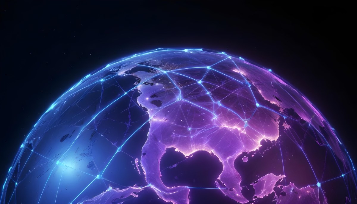 Earth At Night With Illuminated Cities Digital Network Connections Purple And Blue Color Scheme Global Communication Concept Dark Space Background With Stars Futuristic Technology Representation 5 052b