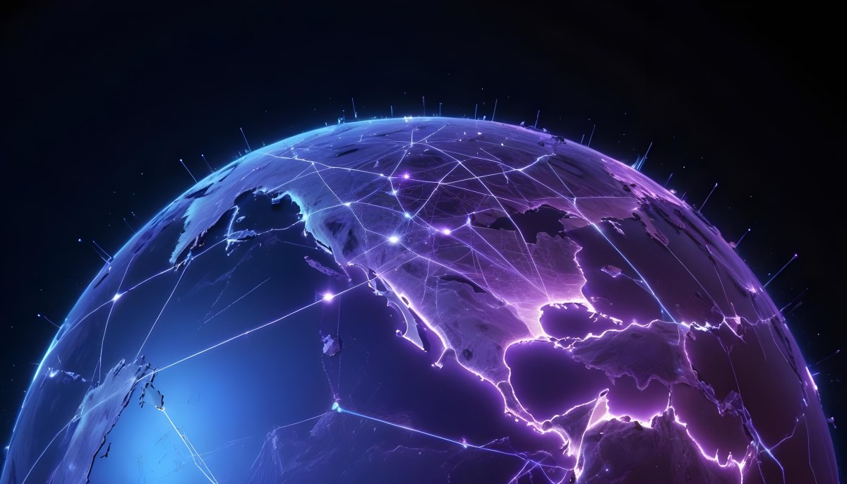 Earth At Night With Illuminated Cities Digital Network Connections Purple And Blue Color Scheme Global Communication Concept Dark Space Background With Stars Futuristic Technology Representation 7 6bc9