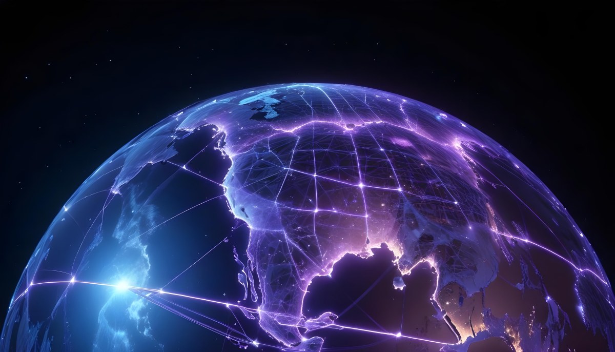 Earth At Night With Illuminated Cities Digital Network Connections Purple And Blue Color Scheme Global Communication Concept Dark Space Background With Stars Futuristic Technology Representation 8 741d