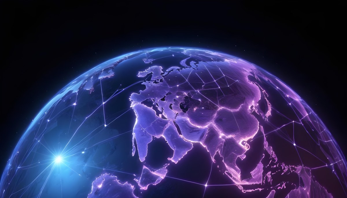 Earth At Night With Illuminated Cities Digital Network Connections Purple And Blue Color Scheme Global Communication Concept Dark Space Background With Stars Futuristic Technology Representation 9 0883