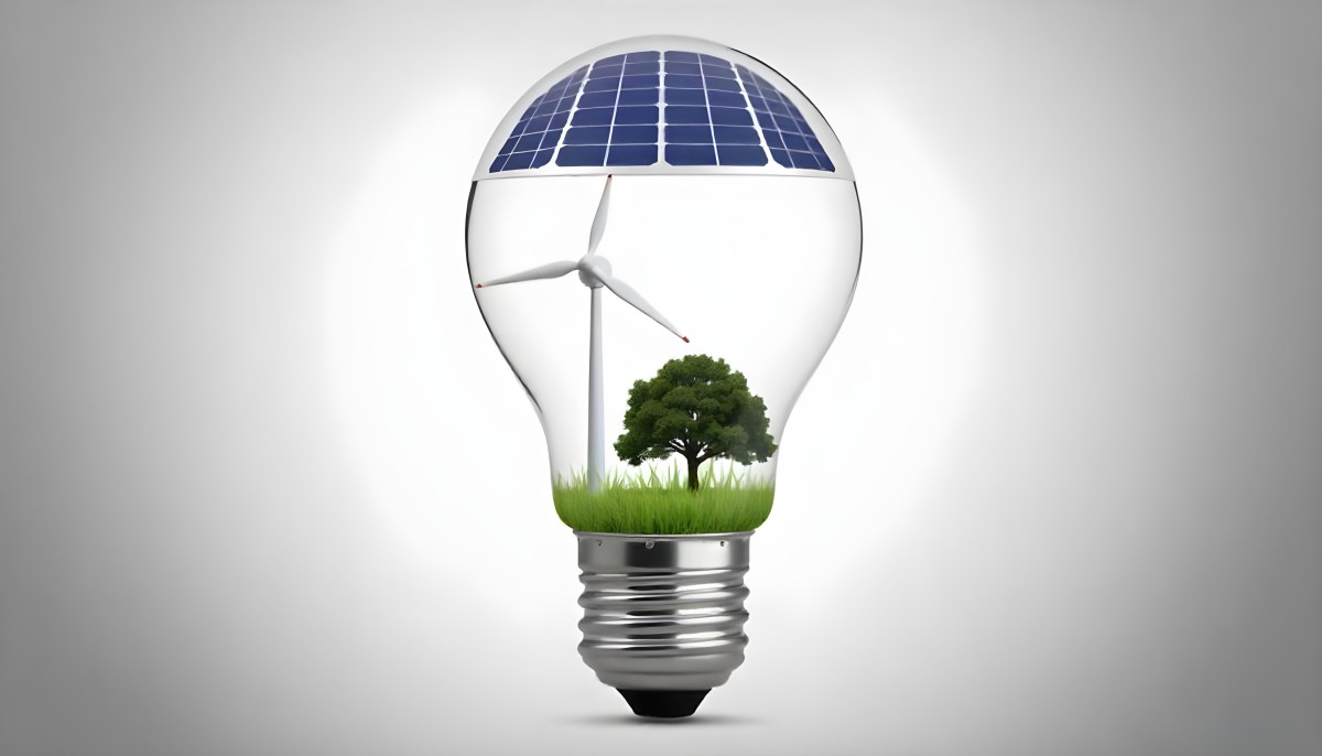 Light Bulb With Solar Panel On Top A Wind Turbine And A Tree Inside Green Grass White Background 10 9229