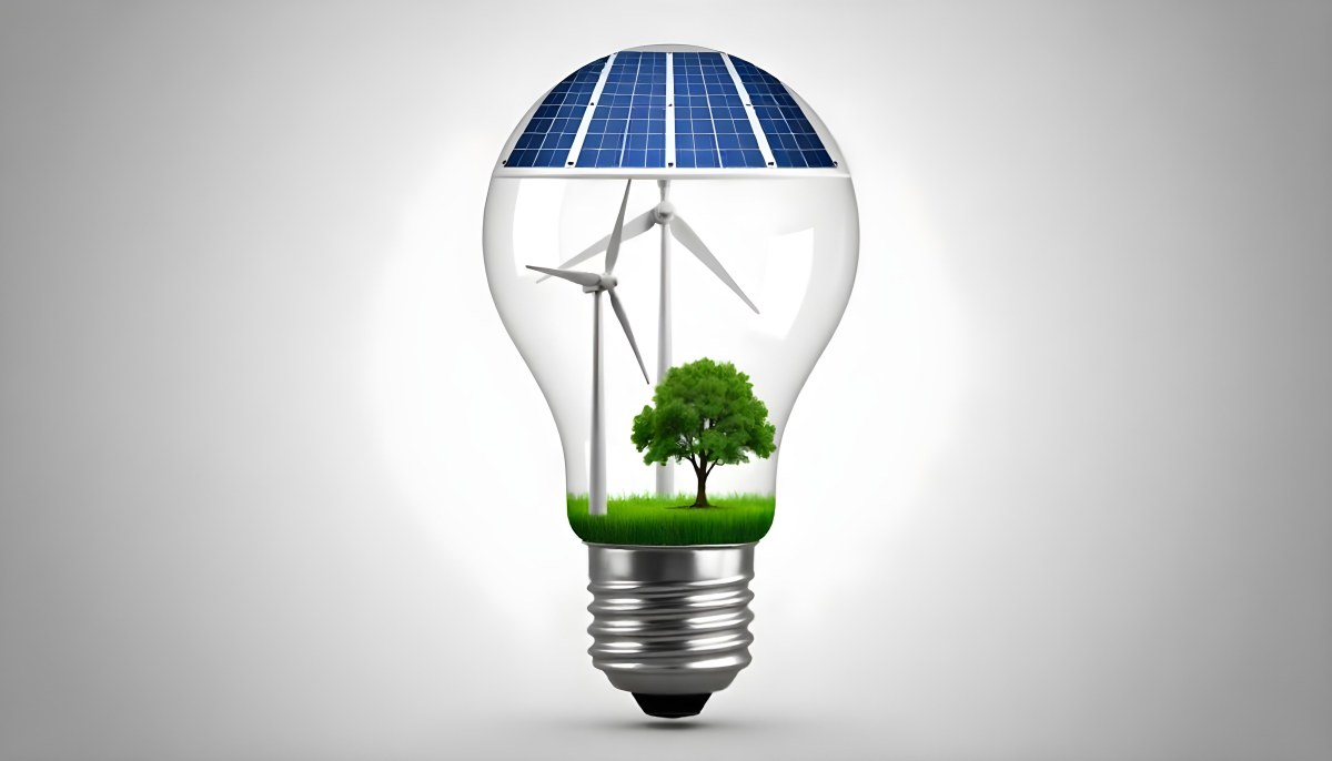 Light Bulb With Solar Panel On Top A Wind Turbine And A Tree Inside Green Grass White Background 13 F6fa