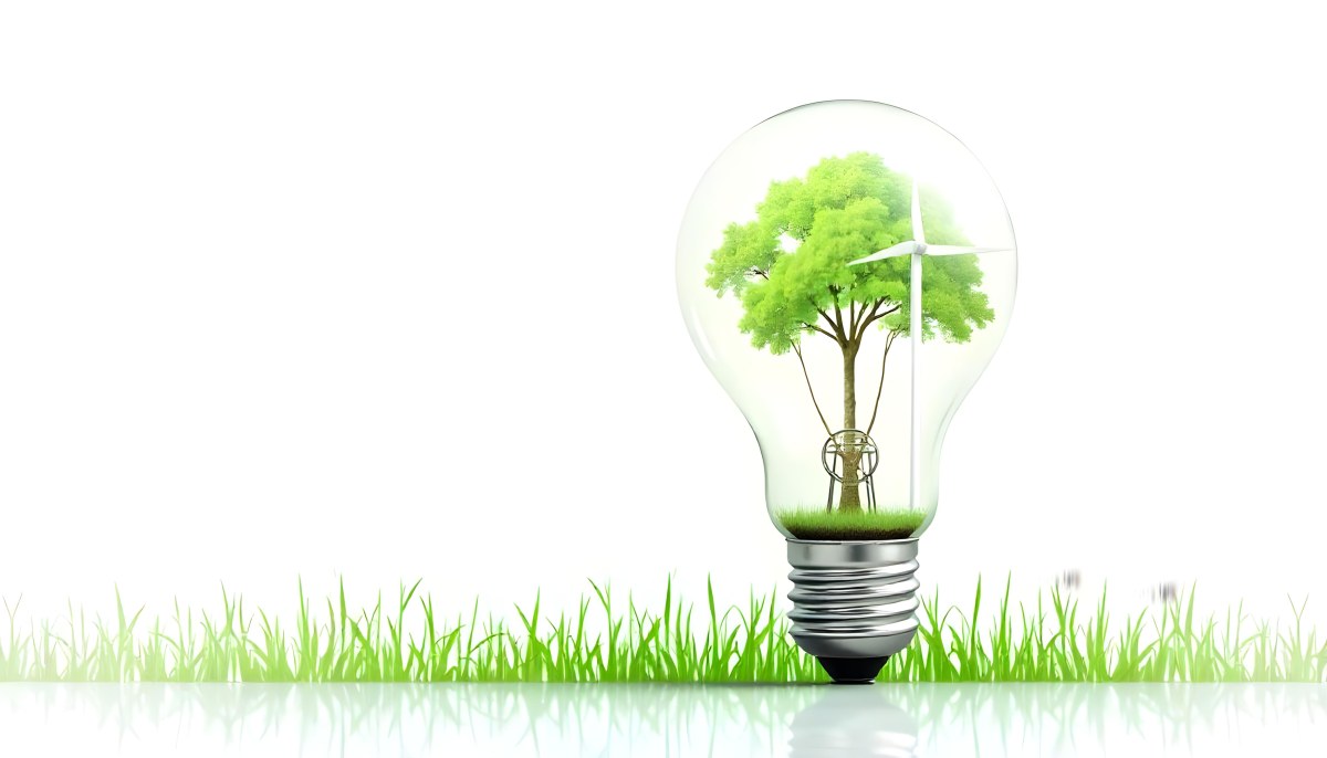 Light Bulb With Solar Panel On Top A Wind Turbine And A Tree Inside Green Grass White Background 17 1eff