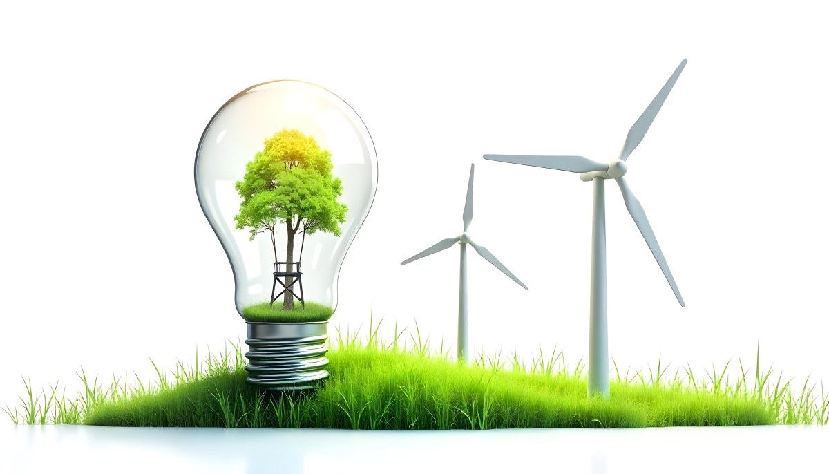 Light Bulb With Solar Panel On Top A Wind Turbine And A Tree Inside Green Grass White Background 19 Dda4