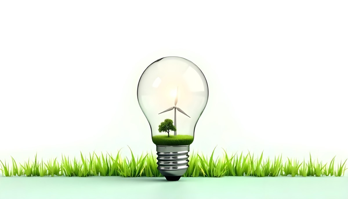 Light Bulb With Solar Panel On Top A Wind Turbine And A Tree Inside Green Grass White Background 22 B616