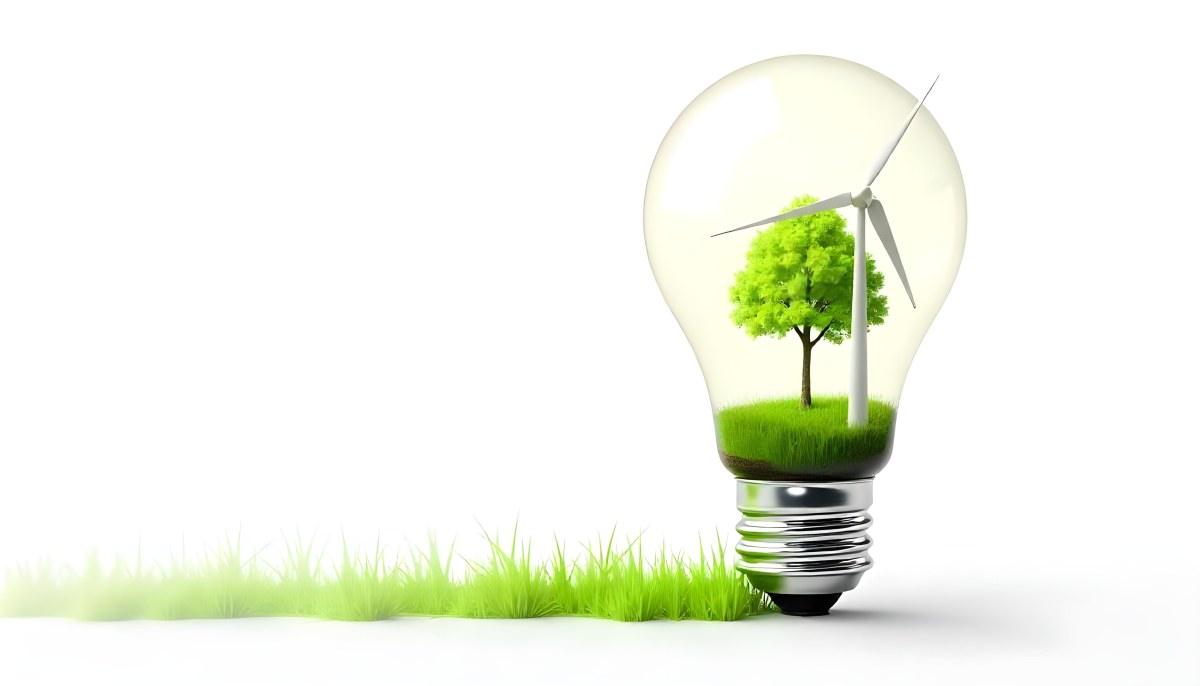 Light Bulb With Solar Panel On Top A Wind Turbine And A Tree Inside Green Grass White Background 28 1984
