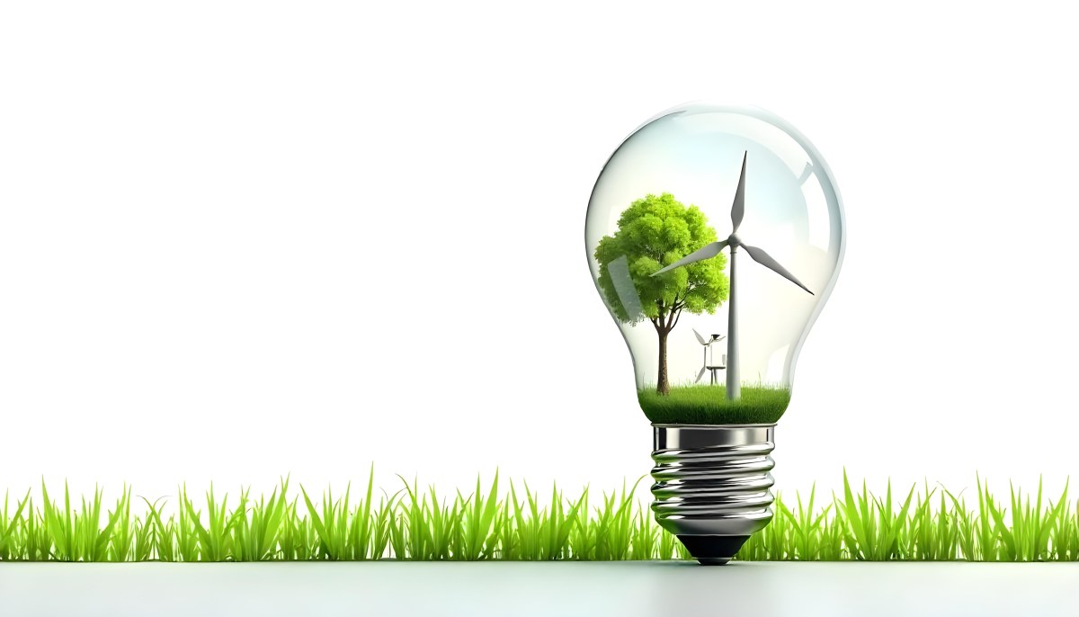 Light Bulb With Solar Panel On Top A Wind Turbine And A Tree Inside Green Grass White Background 29 3d68