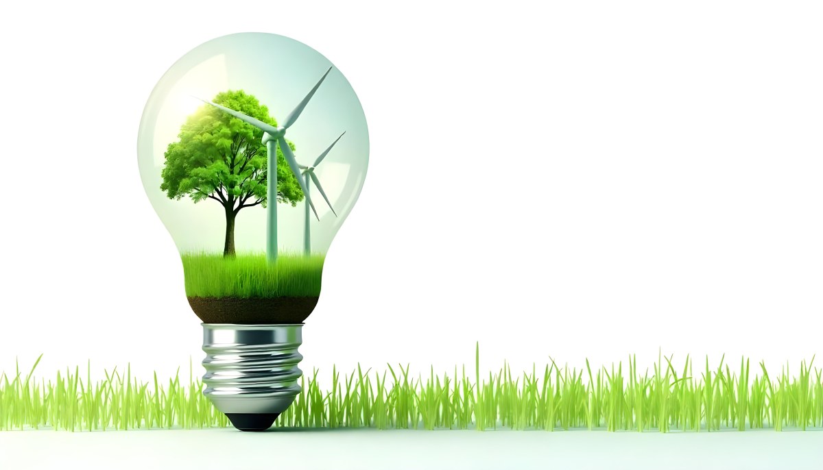 Light Bulb With Solar Panel On Top A Wind Turbine And A Tree Inside Green Grass White Background 30 7462