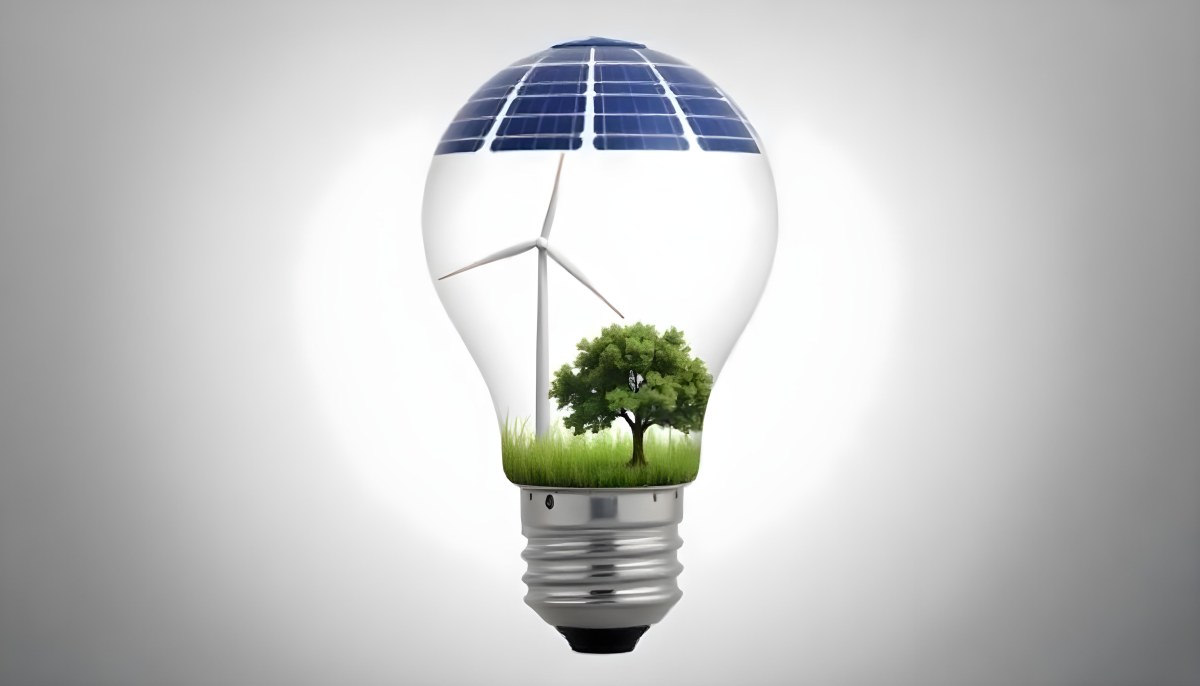 Light Bulb With Solar Panel On Top A Wind Turbine And A Tree Inside Green Grass White Background 4 0527