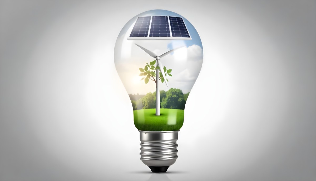 Light Bulb With Solar Panel On Top A Wind Turbine And A Tree Inside Green Grass White Background 5 A7e8