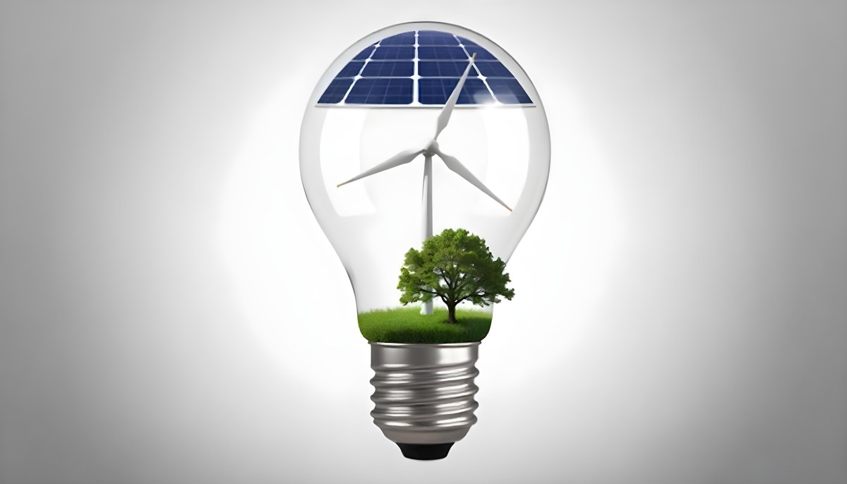 Light Bulb With Solar Panel On Top A Wind Turbine And A Tree Inside Green Grass White Background 6 1e17