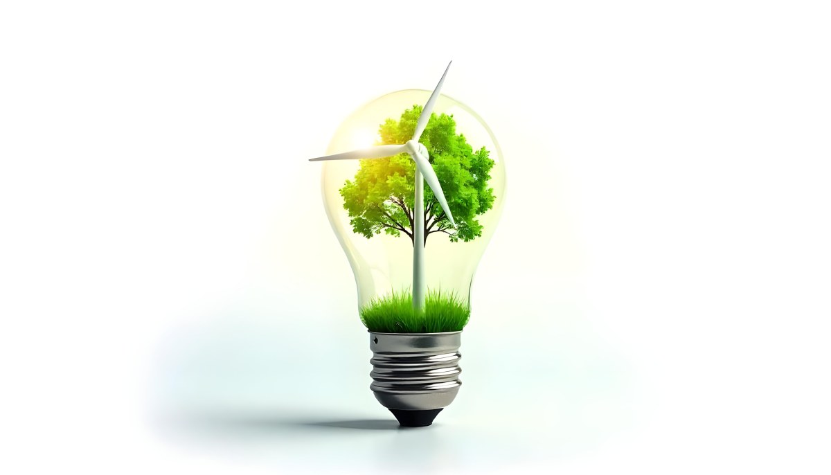 Light Bulb With Solar Panel On Top A Wind Turbine And A Tree Inside Green Grass White Background 7 De30