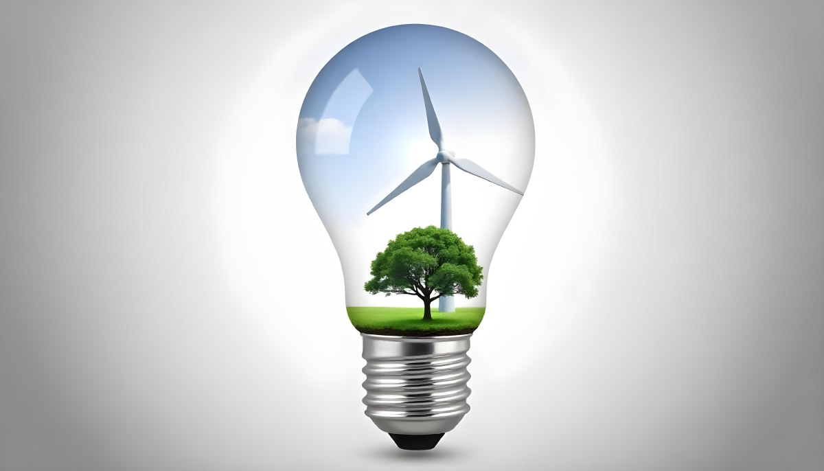 Light Bulb With Solar Panel On Top A Wind Turbine And A Tree Inside Green Grass White Background 8 186c