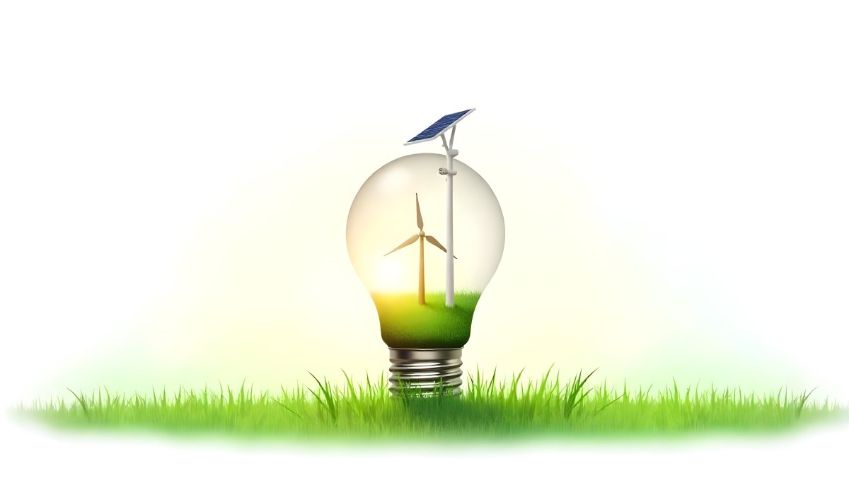 Light Bulb With Solar Panel On Top A Wind Turbine And A Tree Inside Green Grass White Background 9 70ed