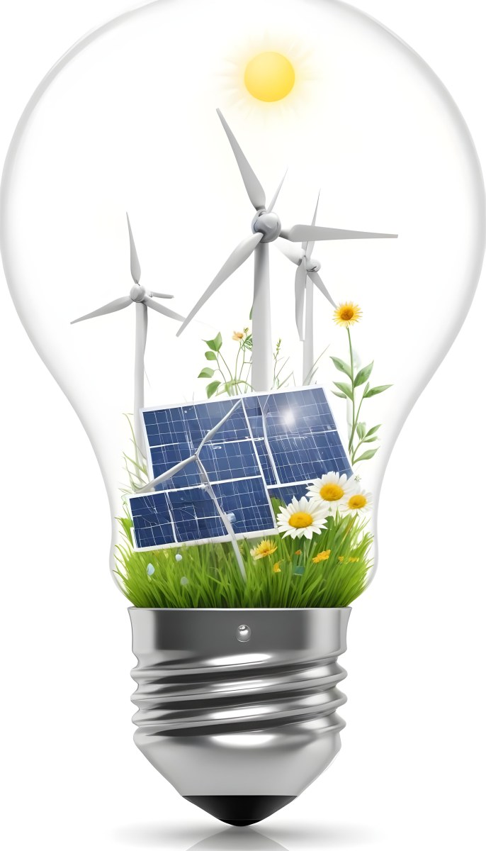 Light Bulb With Solar Panels Wind Turbines Grass Flowers And Leaves Inside White Background 95 B44f
