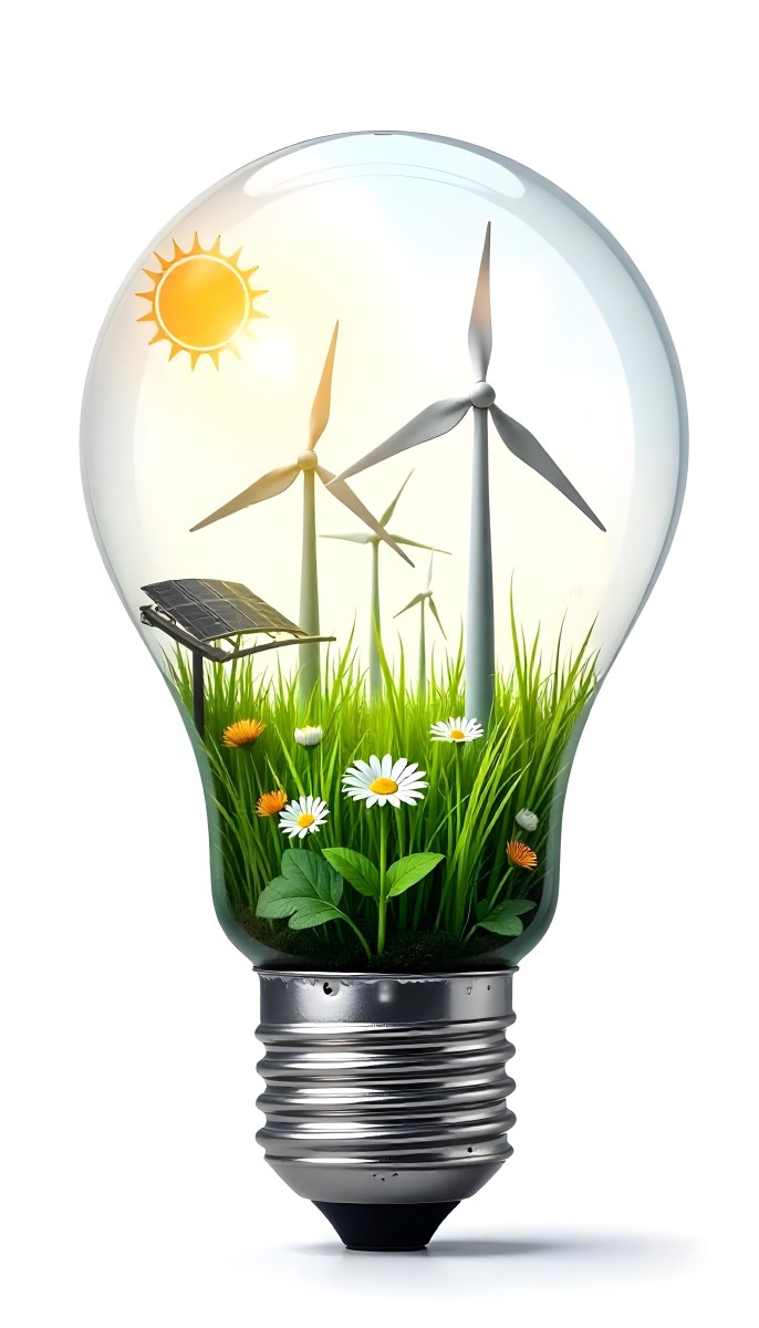 Light Bulb With Solar Panels Wind Turbines Grass Flowers And Leaves Inside White Background 96 F724