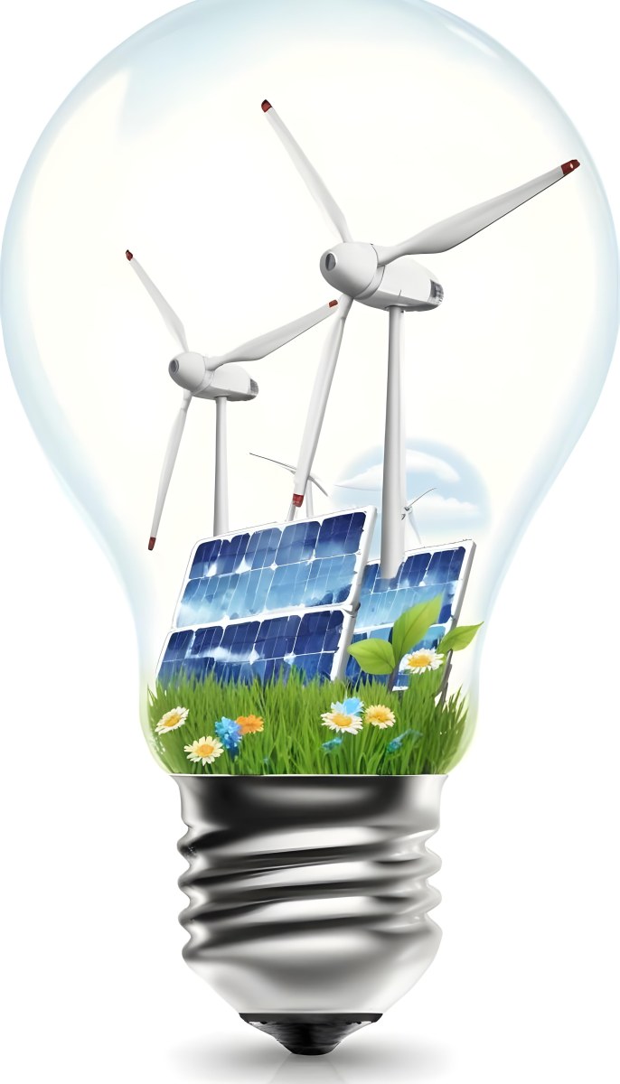 Light Bulb With Solar Panels Wind Turbines Grass Flowers And Leaves Inside White Background 97 055a