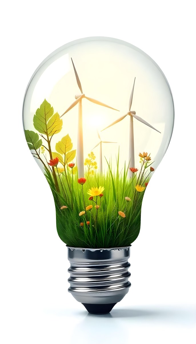 Light Bulb With Solar Panels Wind Turbines Grass Flowers And Leaves Inside White Background 98 Dfb4
