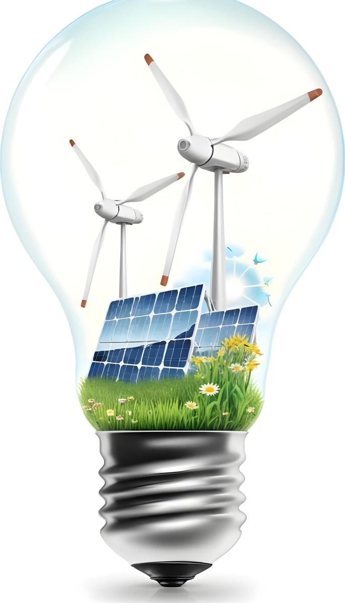 Light Bulb With Solar Panels Wind Turbines Grass Flowers And Leaves Inside White Background 99 A654