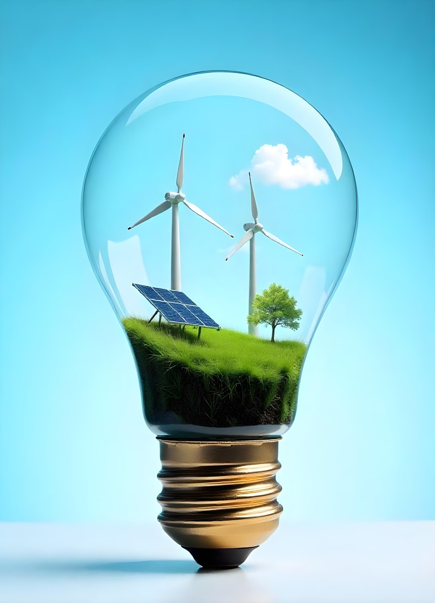 Light Bulb With Wind Turbines Solar Panels Tree And Grass Inside The Base Of The Bulb Is Brown Blue Sky Background 10 A8ec