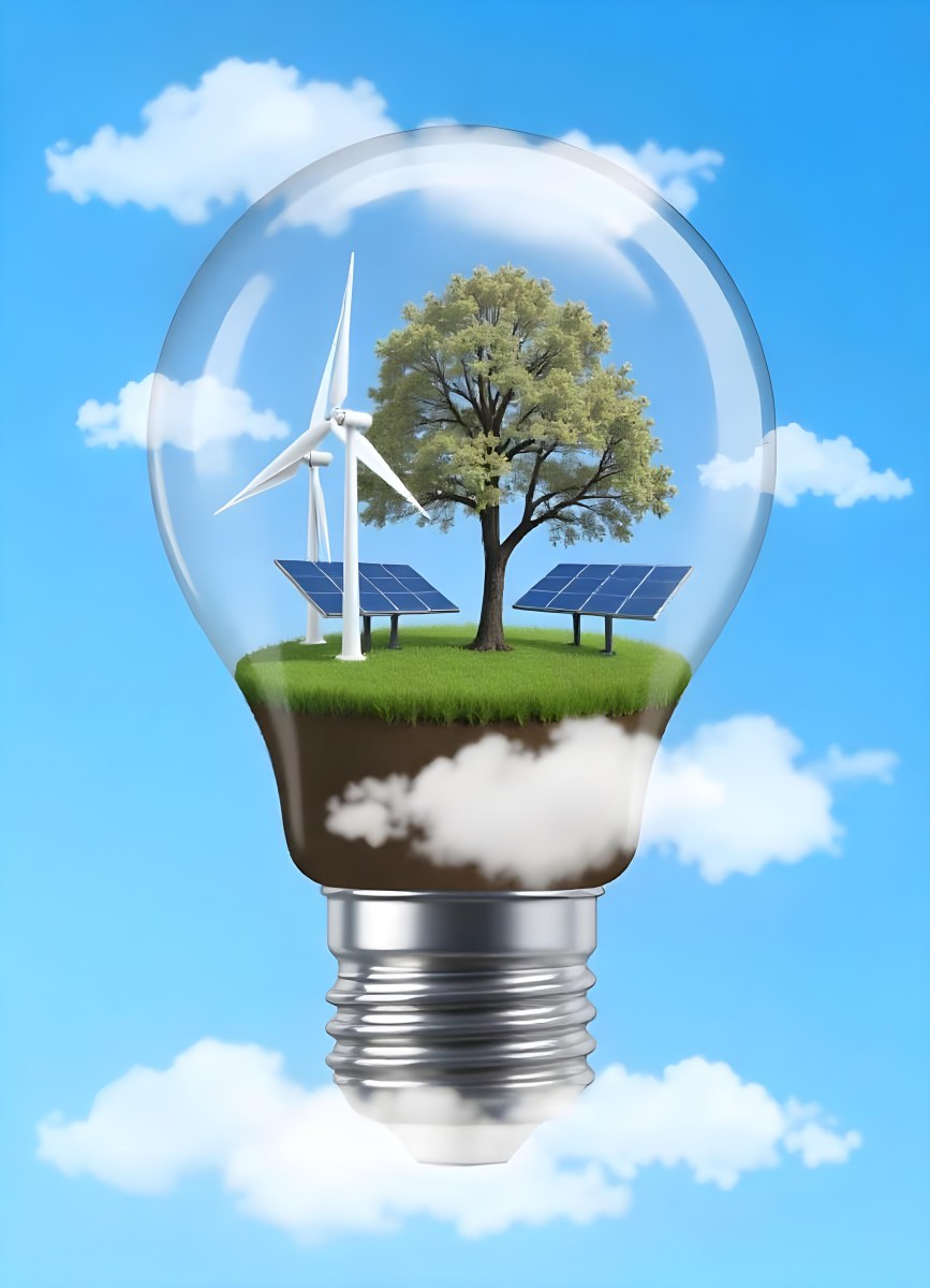 Light Bulb With Wind Turbines Solar Panels Tree And Grass Inside The Base Of The Bulb Is Brown Blue Sky Background 14 F90d