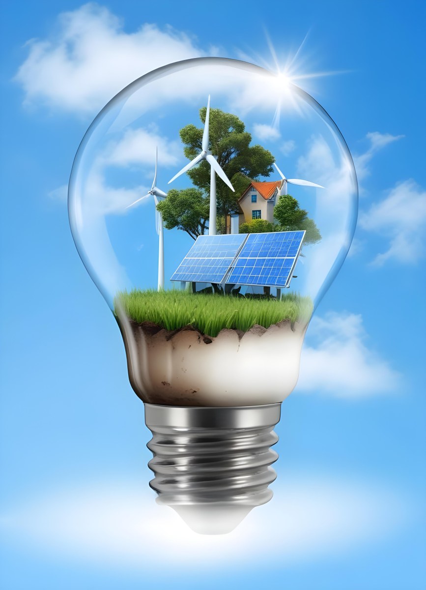 Light Bulb With Wind Turbines Solar Panels Tree And Grass Inside The Base Of The Bulb Is Brown Blue Sky Background 42 117d
