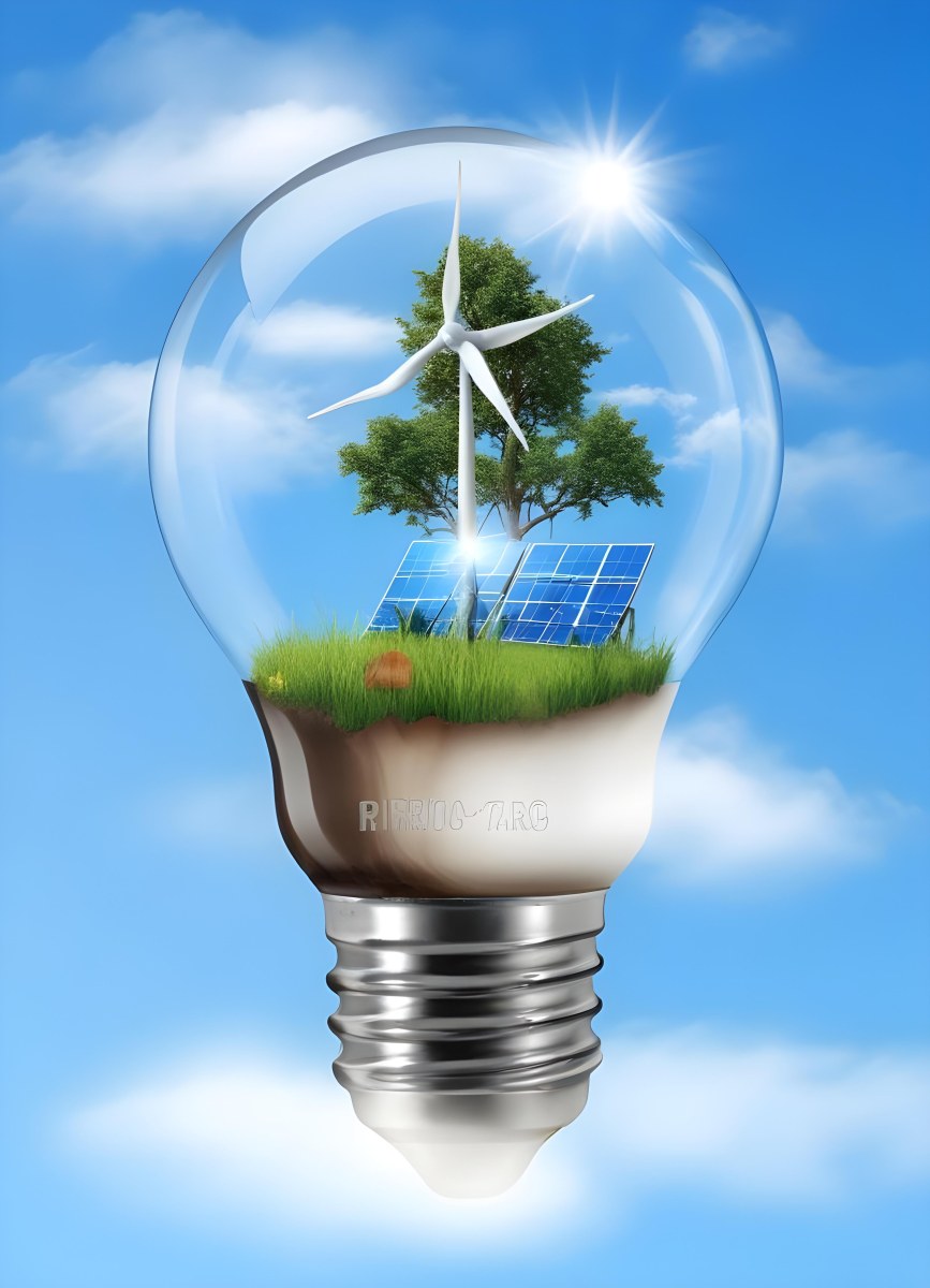 Light Bulb With Wind Turbines Solar Panels Tree And Grass Inside The Base Of The Bulb Is Brown Blue Sky Background 44 Adb5