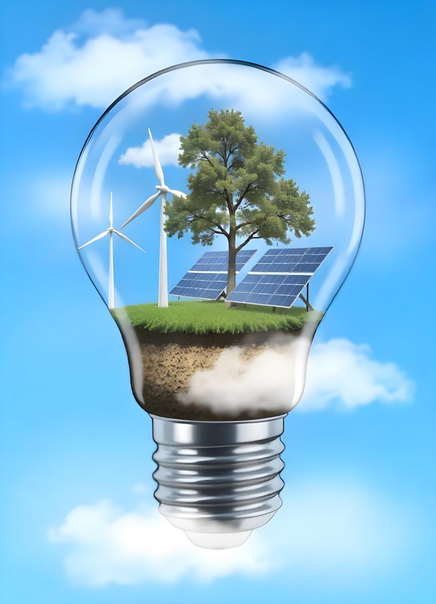 Light Bulb With Wind Turbines Solar Panels Tree And Grass Inside The Base Of The Bulb Is Brown Blue Sky Background 70 Ef16