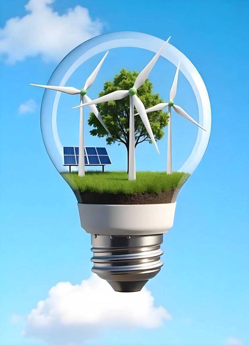 Light Bulb With Wind Turbines Solar Panels Tree And Grass Inside The Base Of The Bulb Is Brown Blue Sky Background 8 B007