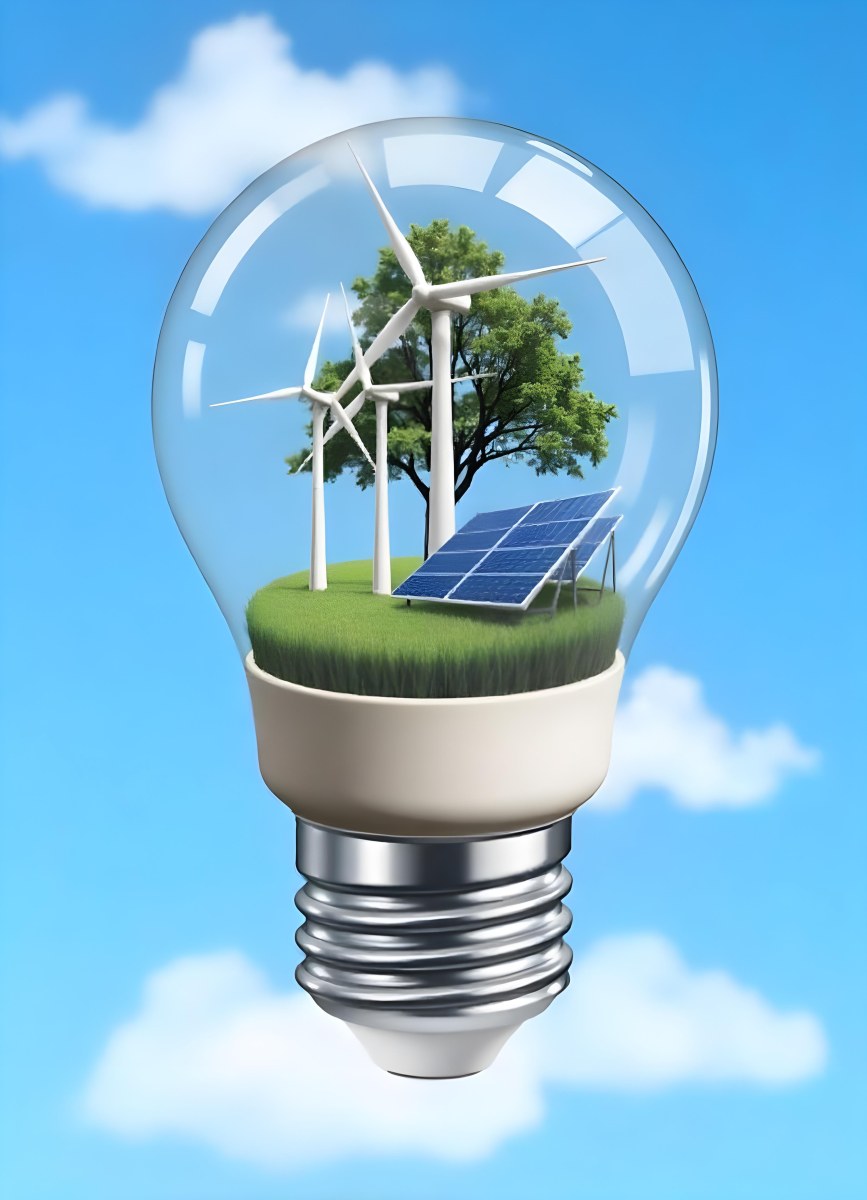 Light Bulb With Wind Turbines Solar Panels Tree And Grass Inside The Base Of The Bulb Is Brown Blue Sky Background 83 3b4d
