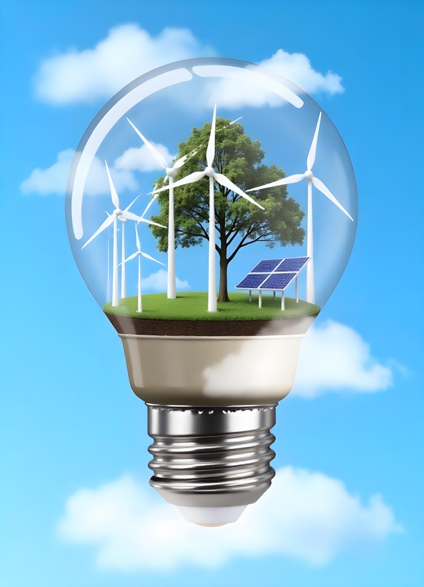 Light Bulb With Wind Turbines Solar Panels Tree And Grass Inside The Base Of The Bulb Is Brown Blue Sky Background 84 0de0