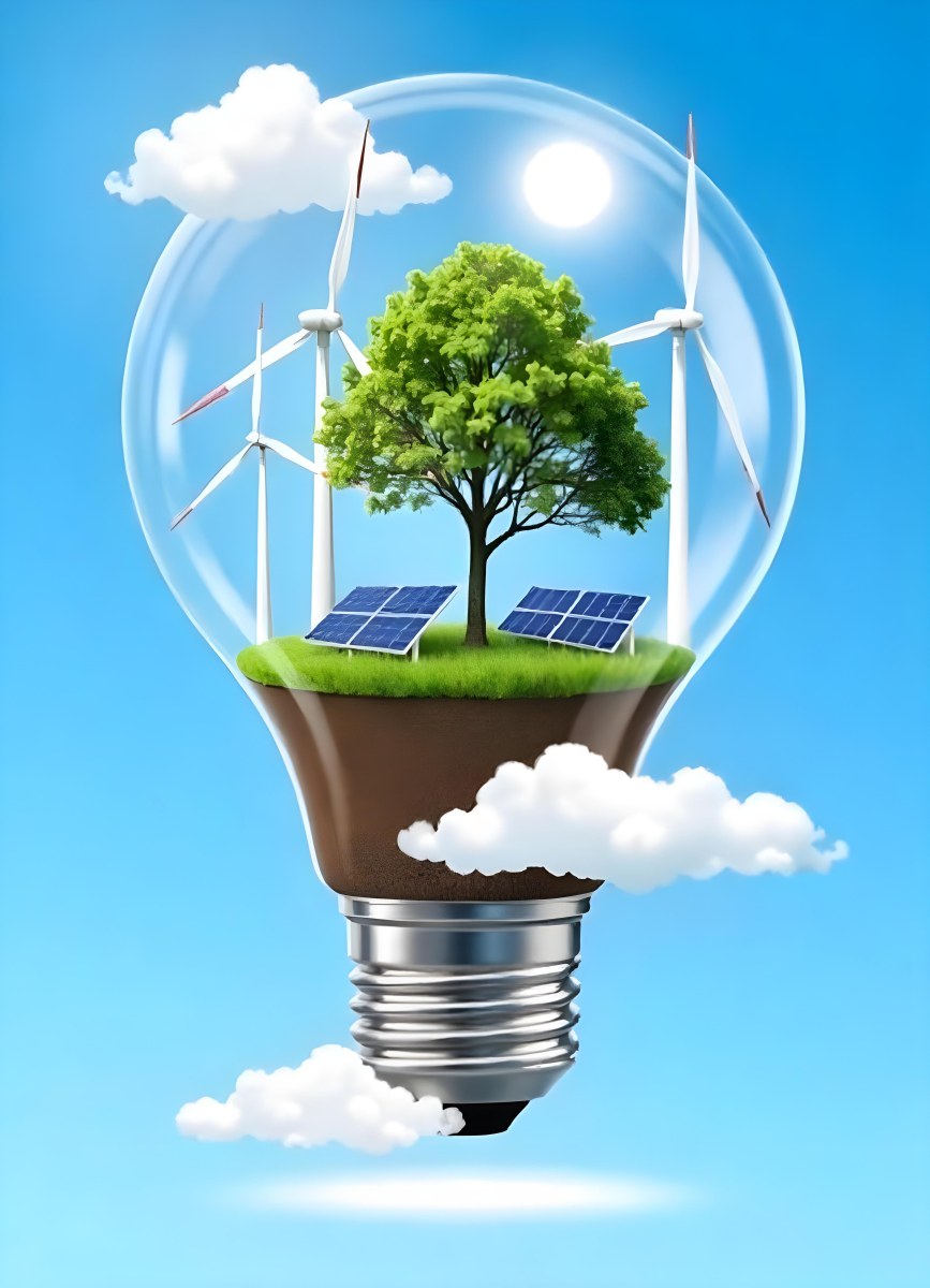 Light Bulb With Wind Turbines Solar Panels Tree And Grass Inside The Base Of The Bulb Is Brown Blue Sky Background 85 8216