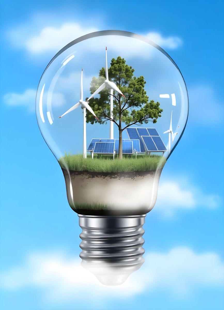 Light Bulb With Wind Turbines Solar Panels Tree And Grass Inside The Base Of The Bulb Is Brown Blue Sky Background 86 658b