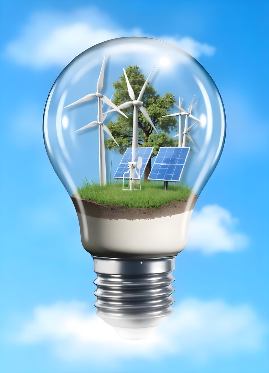 Light Bulb With Wind Turbines Solar Panels Tree And Grass Inside The Base Of The Bulb Is Brown Blue Sky Background 88 3c1b