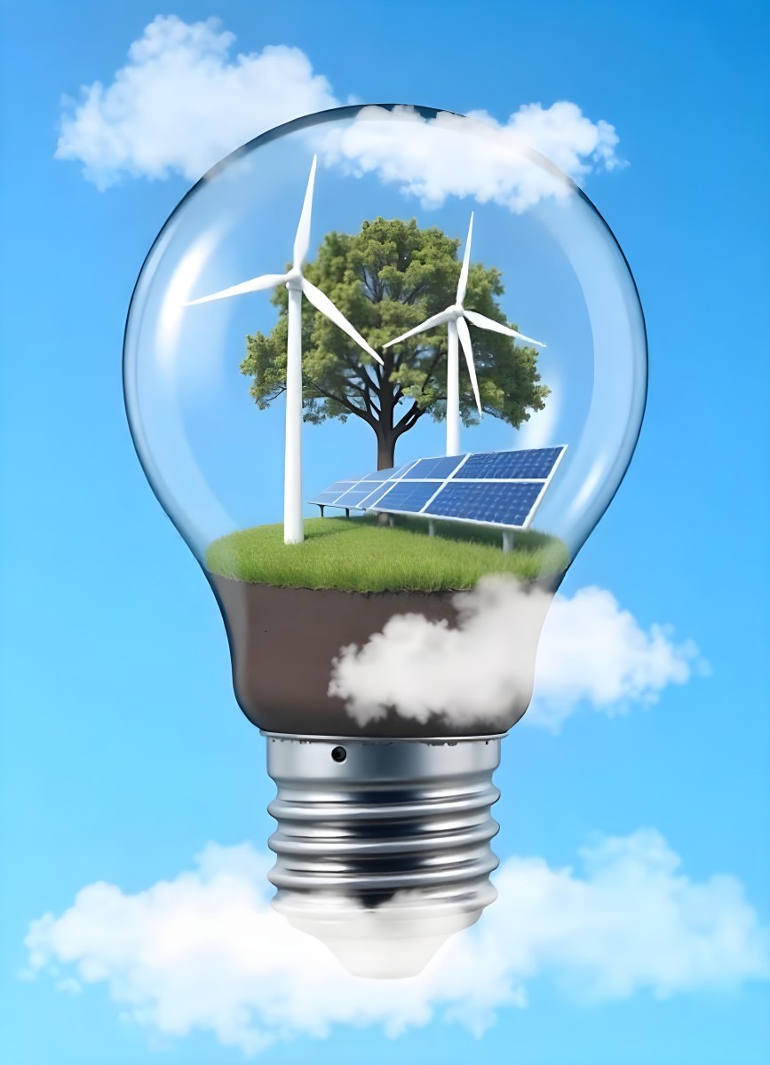 Light Bulb With Wind Turbines Solar Panels Tree And Grass Inside The Base Of The Bulb Is Brown Blue Sky Background 89 2755