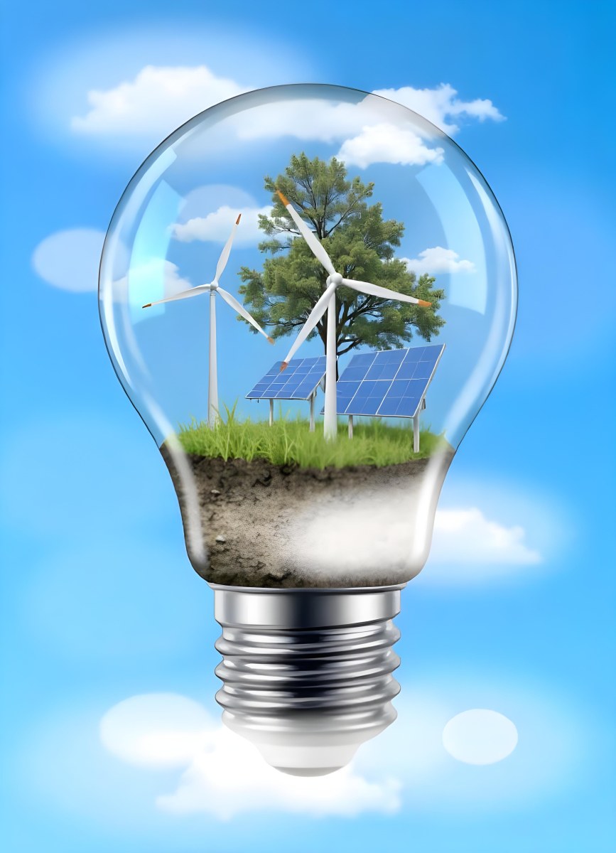 Light Bulb With Wind Turbines Solar Panels Tree And Grass Inside The Base Of The Bulb Is Brown Blue Sky Background 9 3a6a