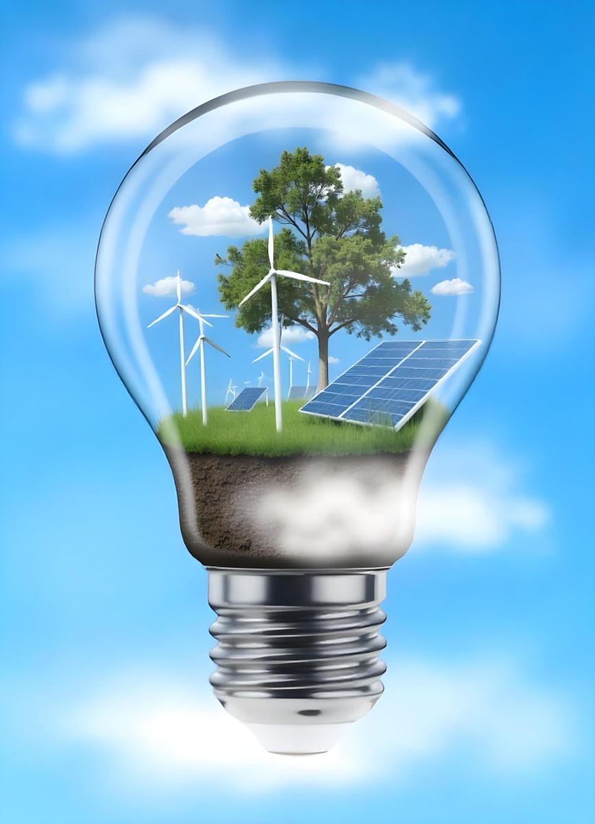 Light Bulb With Wind Turbines Solar Panels Tree And Grass Inside The Base Of The Bulb Is Brown Blue Sky Background 90 D710