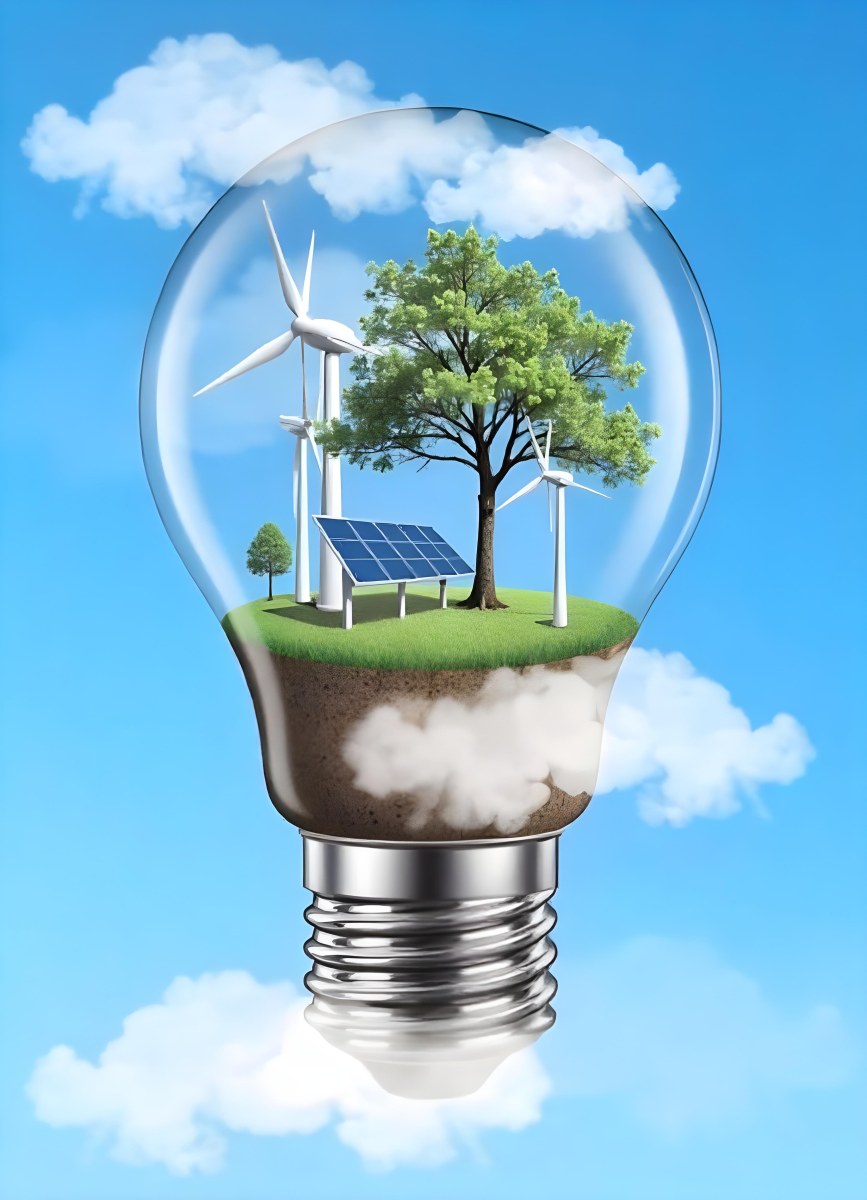 Light Bulb With Wind Turbines Solar Panels Tree And Grass Inside The Base Of The Bulb Is Brown Blue Sky Background 91 373f