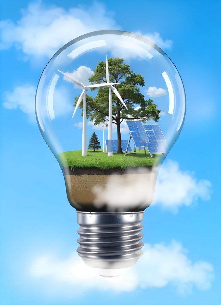 Light Bulb With Wind Turbines Solar Panels Tree And Grass Inside The Base Of The Bulb Is Brown Blue Sky Background 92 B1eb