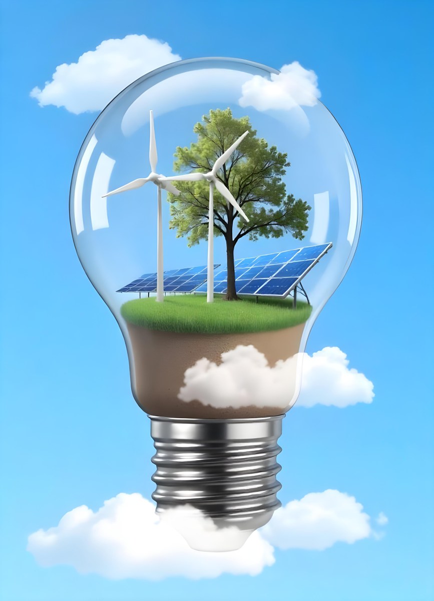 Light Bulb With Wind Turbines Solar Panels Tree And Grass Inside The Base Of The Bulb Is Brown Blue Sky Background 93 91a8