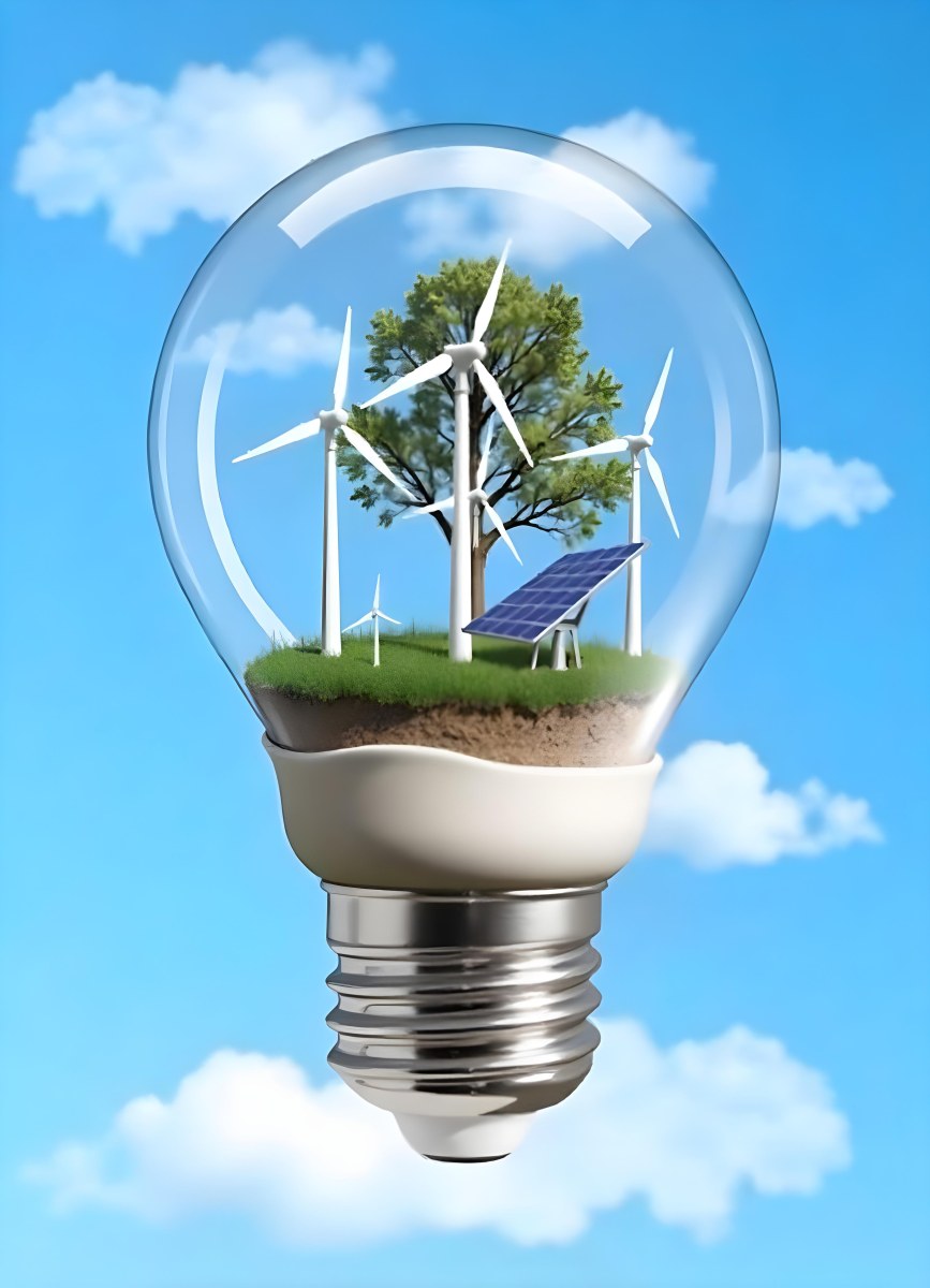 Light Bulb With Wind Turbines Solar Panels Tree And Grass Inside The Base Of The Bulb Is Brown Blue Sky Background 94 B2d6