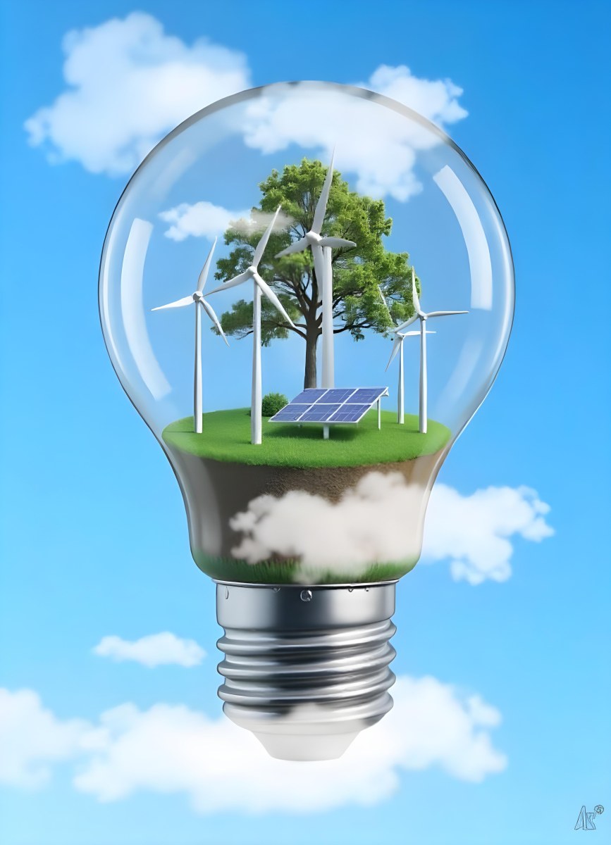 Light Bulb With Wind Turbines Solar Panels Tree And Grass Inside The Base Of The Bulb Is Brown Blue Sky Background 95 Bcf1