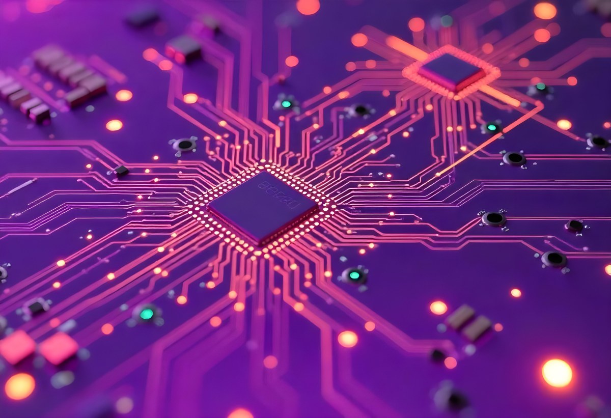 Purple Circuit Board With Intricate Patterns And Glowing Lights Showcasing The Complexity Of Electronic Engineering In A Futuristic Environment 11 D170