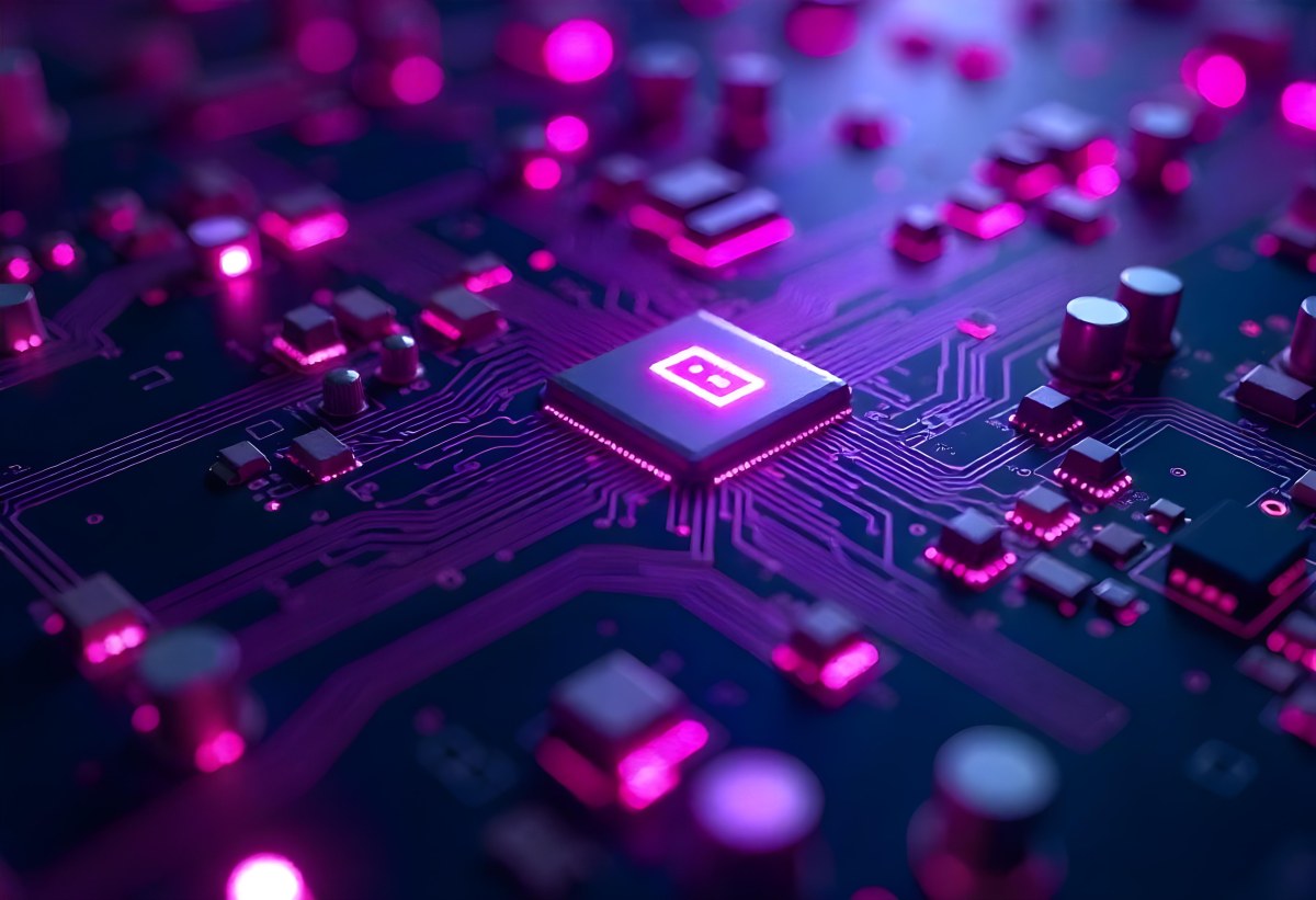 Purple Circuit Board With Intricate Patterns And Glowing Lights Showcasing The Complexity Of Electronic Engineering In A Futuristic Environment 15 B42e