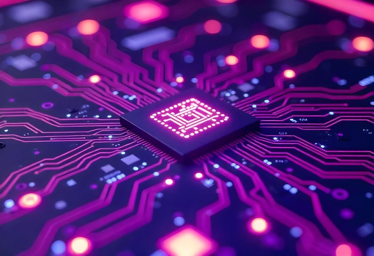 Purple Circuit Board With Intricate Patterns And Glowing Lights Showcasing The Complexity Of Electronic Engineering In A Futuristic Environment 20 862e