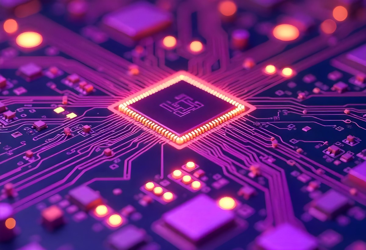 Purple Circuit Board With Intricate Patterns And Glowing Lights Showcasing The Complexity Of Electronic Engineering In A Futuristic Environment 21 35e7